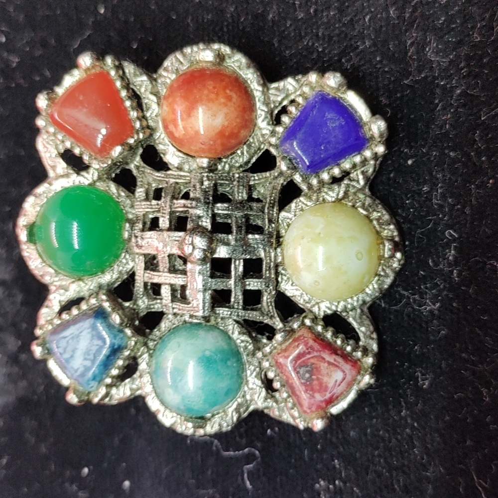 VINTAGE UNSIGNED ANTIQUE SILVER TONE SEMI PRECIOUS STONE BROOCH PIN